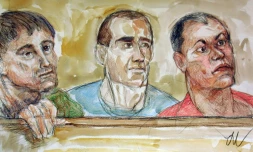 Croquis d'audience réalisé le 11 juillet 2003 à la cour d'assises spéciale de Paris (Gauche à Droite): Pierre Alessandri, Martin Ottaviani et Alain Ferrandi