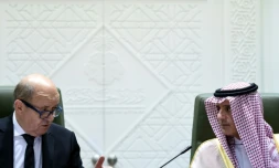 Le ministre français des Affaires étrangères Jean-Yves Le Drian (G) s'exprime lors d'une conférence de presse avec son homologue saoudien Adel al-Jubeir (D) à Ryad le 16 novembre 2017 