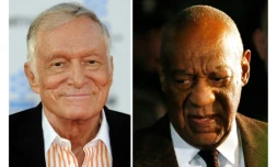 Montage de photos d'archives de Hugh Hefner (g) en 2011 et Bill Cosby en février 2016
