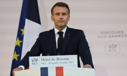 Emmanuel Macron lors de son discours aux armées, le 13 juillet 2025 à Paris 