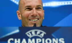 Zinedine Zidane lors de la conférence de presse d'avant-match, le 30 avril 2018 à Madrid