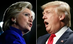 Montage de portraits d'archives d'Hillary Clinton le 2 novembre 2016à Tempe et de Donald Trump le 31 octobre 2016 à Warren