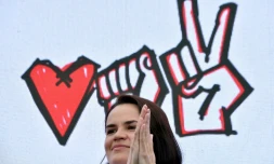 Svetlana TikhanovskaĂŻa en campagne Ă Maladzechna, 70 km au nord-ouest de Minsk, le 31 juillet 2020