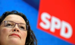 Photo de la cheffe du SPD allemand Andrea Nahles pendant une conférence de presse à Berlin le 27 mai 2019, au lendemain des élections européennes 