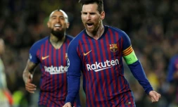 La star du Barça Lionel Messi marque contre Lyon en 8es de finale retour de la Ligue des champions, le 13 mars 2019 au Camp Nou