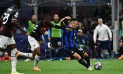 Le capitaine de l'Inter Lautaro Martinez inscrit l'unique but de la demi-finale retour contre l'AC Milan à San Siro, le 16 mai 2023  