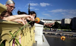 Jets de fleurs dans le Danube à l'endroit de la collision mortelle entre un bateau de croisière et une embarcation transportant des touristes sud-coréens, le 1er juin à Budapest