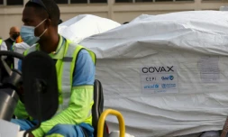 Cargaison de vaccins contre le Covid-19 avec la mention Covax à l'aéroport d'Accra, le 24 février 2021