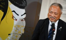 Le président de la Fédération japonaise de rugby (JRFU) Shigetaka Mori lors d'une allocution, le 16 septembre 2019 à Miyazaki au Japon