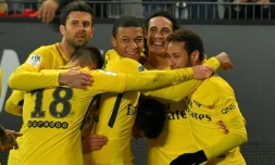 Le trio offensif du PSG composé de Neymar Jr-Kylian Mbappé-Edinson Cavani, ici avec Motta et Lo Celso, s'est illustré face à Rennes au Roazhon Park, le 16 décembre 2017