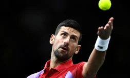 Le Serbe Novak Djokovic au service lors du Masters 1000 de Paris, le 2 novembre 2023