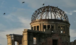 Des oiseaux volent au-dessus du dôme de la bombe atomique, le 5 août 2025 à Hiroshima au Japon
