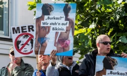 "La Burka ? On préfère le Bikini": des militants du parti populiste de droite allemand AfD manifestent à Binz, au bord de la Baltique, le 16 septembre 2017