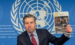 Le chef des affaires humanitaires des Nations unies, Tom Fletcher, lors d'une conférence de presse à Genève, le 3 décembre 2024
