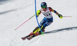 Mikaela Shiffrin, le 26 février 2017 lors du slalom du combiné à Crans-Montana
