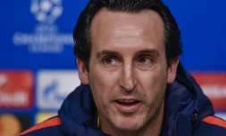 L'entraîneur du PSG Unai Emery en conférence de presse à l'Allianz Arena à Munich, le 4 décembre 2017, à la veille d'y affronter le Bayern