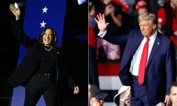 Combinaison de photos créée le 4 novembre 2024 montrant à gauche la vice-présidente démocrate Kamala Harris et l'ancien président républicain Donald Trump