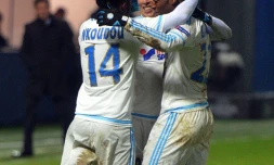 La joie des joueurs marseillais aprÚs le but inscrit par Georges-Kévin Nkoudou à Liberec, le 10 décembre 2015