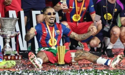 La joie de Raphinha, auteur d'un doublé pour Barcelone contre le Real Madrid en finale de la Supercoupe d'Espagne le 11 janvier 2026 à Jeddah