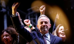Emmanuel Grégoire, candidat de la gauche unie hors LFI à la mairie de Paris, célÚbre sa victoire au 2e tour des municipales, le 22 mars 2026 à paris