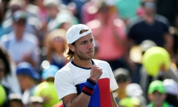 Lucas Pouille, le 1er septembre 2017 à New York lors de sa victoire au 3e tour de l'US Open face au Kazakh Mikhail Kukushkin (2-6, 6-3, 6-4, 6-4)