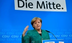 La chancelière allemande Angela Merkel lors d'une conférence de presse, le 25 février 2018 à Berlin
