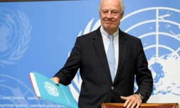 L'envoyé spécial de l'ONU pour la Syrie, Staffan de Mistura, lors d'une conférence de presse à la veille de nouveaux pourparlers de paix, le 15 maiu 2017 à Genève