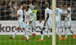 La joie des Marseillais après le but du break face au RB Salzbourg signé Clinton Njie (N.14) au Vélodrome, le 26 avril 2018