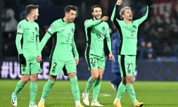 La joie des joueurs de l'Atlético Madrid, qualifiés pour les huitiÚmes de la Ligue des champions, aprÚs leur victoire contre Feyenoord, le 29 novembre 2023 à Rotterdam