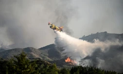 Lutte contre les feux de forêt près du village de Vati, sur l'île grecque de Rhodes, le 25 juillet 2023