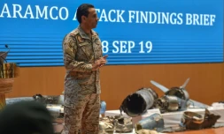 Le colonel Turki al-Maliki, porte-parole du ministère de la Défense saoudien, lors d'une conférence de presse à Ryad, le 18 septembre 2019