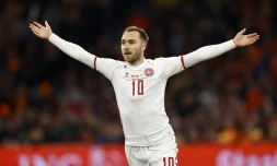 Le Danois Christian Eriksen fĂȘte son but contre les Pays-Bas, le 26 mars 2022 Ă Amsterdam