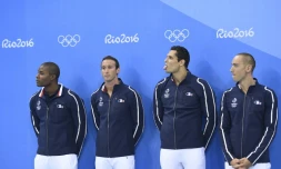 Les relayeurs français du 4x100 m nage libre, médaillés d'argent aux JO de Rio, le 7 août 2016