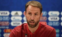 Le sélectionneur anglais Gareth Southgate en conférence de presse le 17 juin 2018 à Volgograd