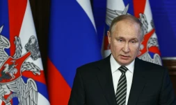 Le président russe Vladimir Poutine lors d'une intervention devant les cadres de l'armée russe et du ministère de la Défense le 21 décembre 2021 à Moscou