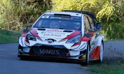 L'Estonien Ott Tänak au volant de sa Toyota lors du shakedown au Tour de Corse, le 28 mars 2019 à Sorbo-Ocagnano