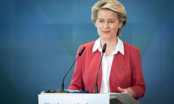 La présidente de la Commission Ursula von der Leyen, à Brdo en Slovénie, le 1er juillet 2021, à l'occasion du début de la présidence slovène de l'Union européenne