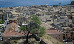 Une femme assise Ă l'ombre d'un arbre surplombant la vieille ville de l'Ăźle de Corfou, le 28 juillet 2023 lors d'une vague de chaleur en GrĂšce