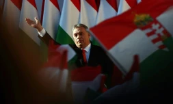 Le Premier ministre hongrois Viktor Orban prononce son dernier discours de campagne Ă  Szekesfehervar, le 6 avril 2018