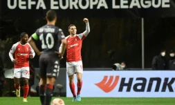 La joie de l'attaquant espagnol de Braga Abel Ruiz, aprĂšs avoir ouvert le score Ă domicile face Ă Monaco, lors du 8e de finale aller de la Ligue Europa, le 10 mars 2022 au Municipal Stadium