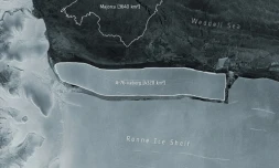 Image fournie par l'ESA montrant l'iceberg baptisé A-76 le 9 mars 2021 avant son détachement de la banquise de Ronne en Antarctique