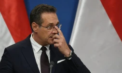 Heinz-Christian Strache, vice-chancelier d'Autriche et chef du Parti de la libertĂ© d'Autriche (FPĂ, extrĂȘme droite), lors d'une confĂ©rence de presse Ă Budapest, le 6 mai 2019