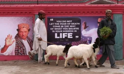 Des marchands de bétail passente devant des affiches à l'effigie de l'ex-Premier ministre pakistanais Imran Khan à Hyderabad, au Pakistan, le 30 janvier 2024