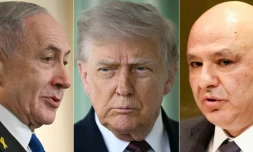 Combinaison de photos réalisé le 16 avril 2026 montrant, de g. à d., le Premier ministre israélien Benjamin Netanyahu à Washington, le 29 septembre 2025, le président américain Donald Trump à Washington, le 13 avril 2026, et le président libanais Joseph Aoun à New York, le 23 septembre 2025