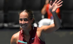 L'Américaine Madison Keys après sa victoire contre la Tchèque Barbora Krejcikova en quarts de finale de l'Open d'Australie à Melbourne le 25 janvier