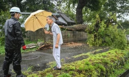 Un homme discute avec un agent de sécurité près d'un arbre couché par le typhon Shanshan, le 29 août 2024 à Usa, dans le département d'Oita, au Japon