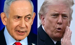 Cette image créée le 3 juin 2026 montre le Premier ministre israélien, Benjamin Netanyahu (G) à Jérusalem le 19 mars 2026 et le président américain Donald Trump dans le New Jersey le 22 mai 2026