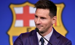Lionel Messi lors de sa conférence de presse d'adieu au Barça au Camp Nou le 8 août 2021
