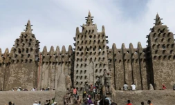 Des personnes utilisent du banco, un enduit de terre, pour le crépissage annuel de la grande mosquée de Djenné le 12 juin 2025