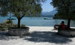 Une femme s'abrite du soleil à l'ombre d'un arbre sur une rive du lac du Bourget, au Bourget-du-Lac, en Savoie le 8 août 2025